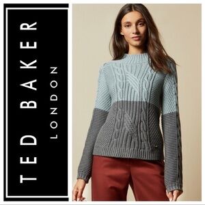 Ted Baker Slimbo Chunky Cable Knit Sweater Colorblocked Blue Gray Size 4 = US 12